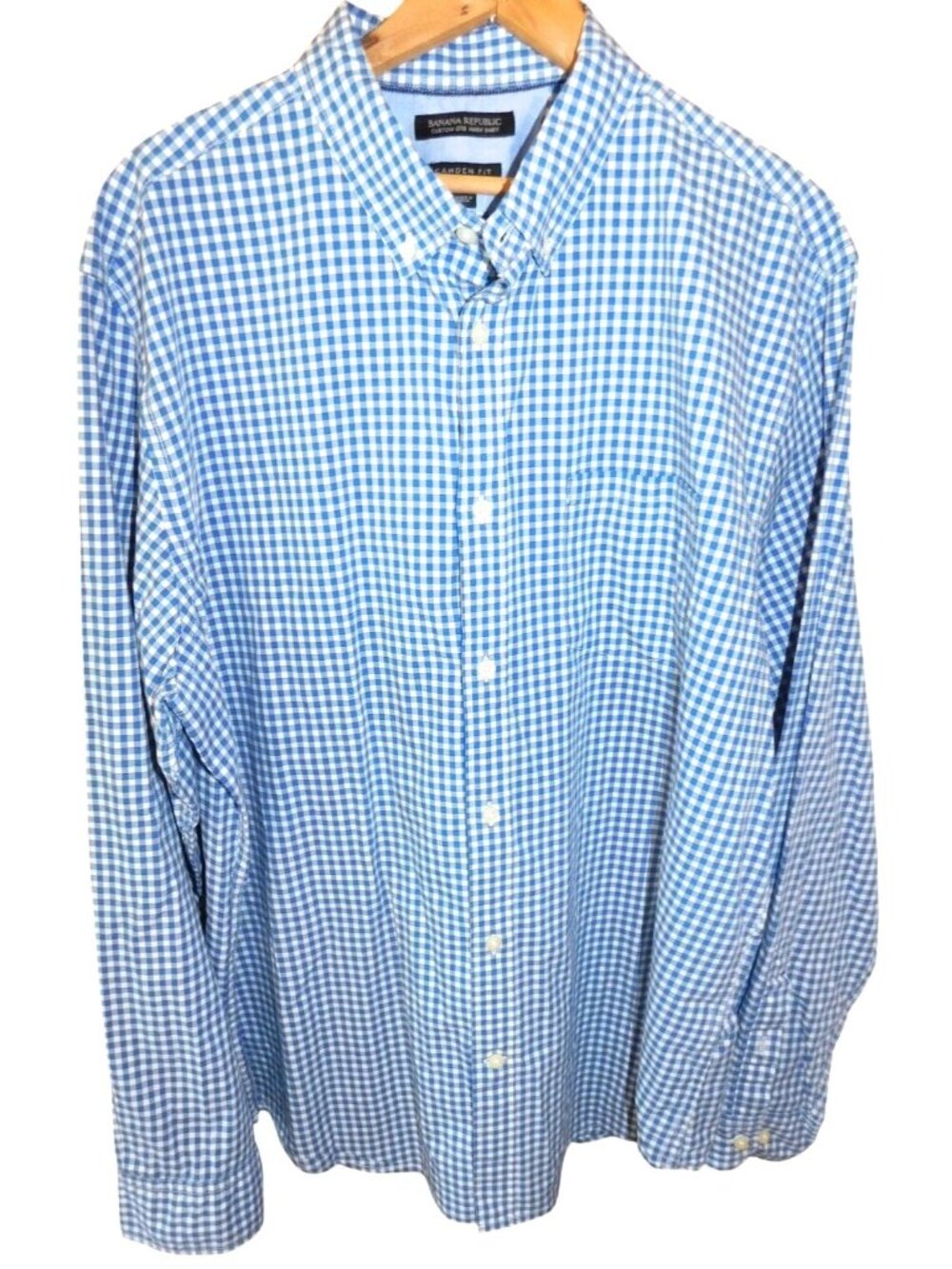 Banana Republic XL Camden Fit Blue Checked Button Shirt Custom 078 Wash Cotton